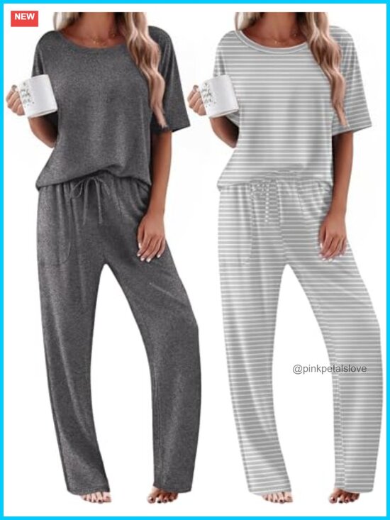 Other - 2 Piece Pajama Set Short Sleeve Top Long Pants Lounge Set with Pockets